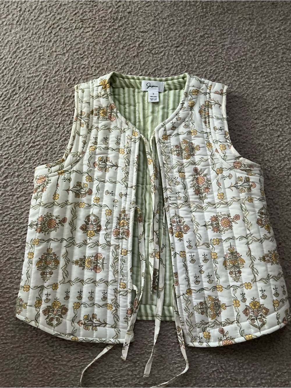 Japna Cream Floral Quilted Vest with Green Liningi